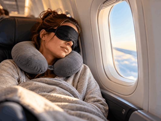 Frau schläft mit Nackenkissen und Augenmaske am Fensterplatz im Flugzeug