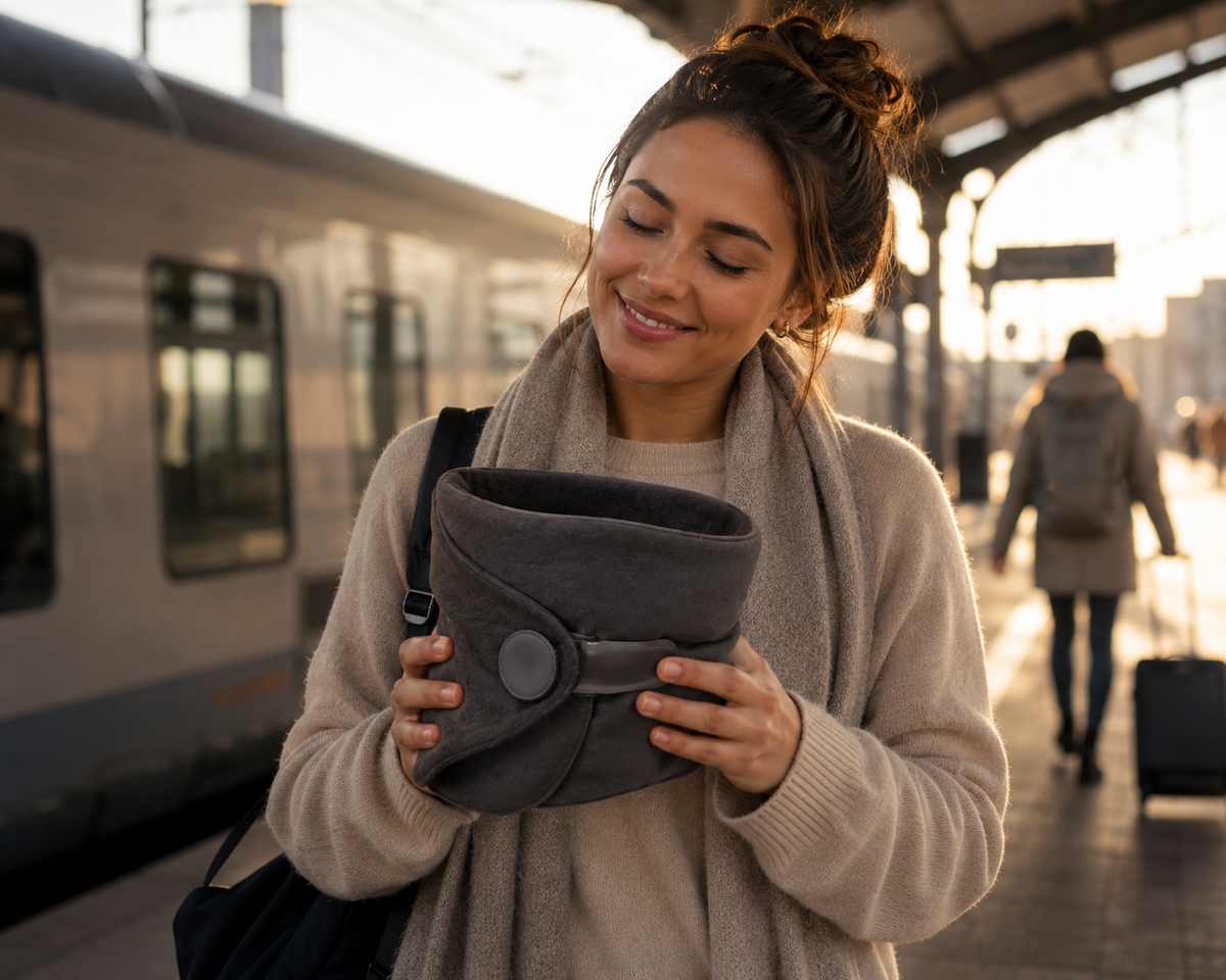 Lächelnde Frau hält ihr graues NeckDream Reisekissen am Bahnsteig in den Händen