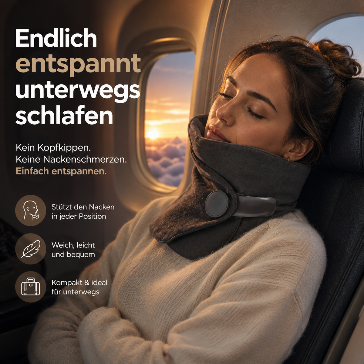 Frau schläft entspannt im Flugzeugsitz mit grauem NeckDream Reisekissen um den Nacken