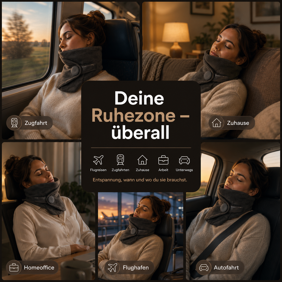 NeckDream Nackenkissen im Einsatz bei Zugfahrt, zuhause, im Homeoffice, am Flughafen und im Auto
